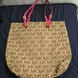 Michael Kors Brown MK Signature Tote with Pink Handles